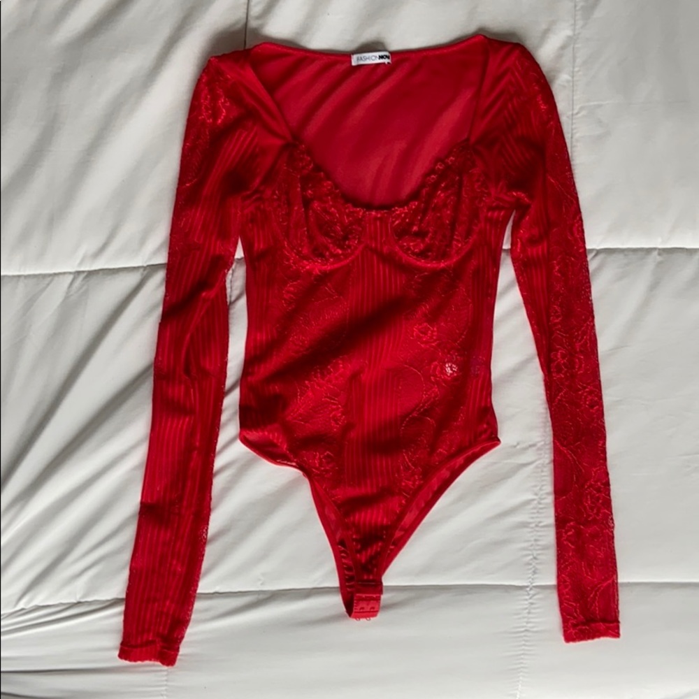 Red Fashion Nova Lace Bodysuit Top